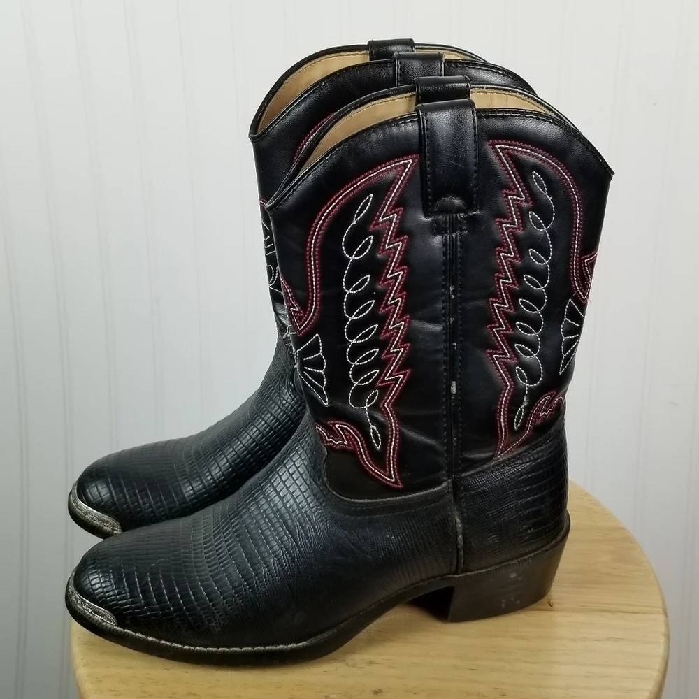 Durango Cowboy Boots Kids Size 5.5 D Lizard Print Black Western Festival Stitch